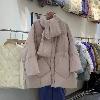 Пуховик женский средний и длинный свободный шарф белый утиный пух большой карман утолщенный универсальный круглый вырез куртка хлеб average size