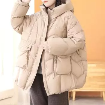 Пуховик женский средний и длинный утолщенный с капюшоном белый утиный пух свободная теплая куртка зимняя одежда one size fits all чёрный