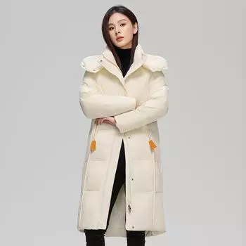 Пуховик женский средний и длинный выше колена длинный утепленный с капюшоном зимний модный темперамент свободная холодная одежда S 80-115j