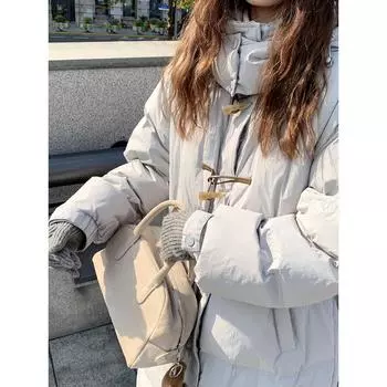 Пуховик женский средний и длинный выше колена свободный сезон зима новый белый утиный пух рог пряжка воротник стойка утолщенная куртка One size fits all [80-75kg] абрикосовый