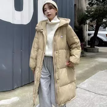 Пуховик женский средний и длинный выше колена с капюшоном модная свободная и тонкая теплая куртка S size 90-60kg хаки
