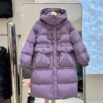 Пуховик женский средний и длинный зимний новый корейский дизайн с пряжкой из рога утолщенная теплая повседневная куртка S белый