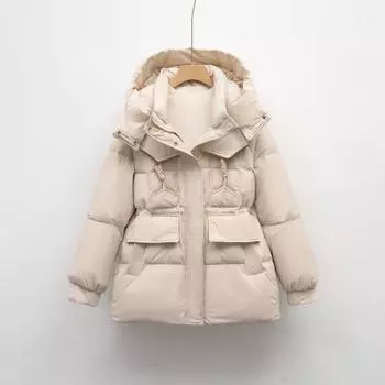 Пуховик женский средний и длинный зимний новый маленький утолщенный универсальный белый утиный пух модная куртка с капюшоном M чёрный