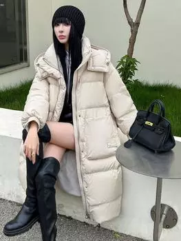 Пуховик женский средний и длинный зимний новый 90-х белый утиный пух модный утолщенный до колена с капюшоном свободное пальто S recommends within 62.5kg бежевый