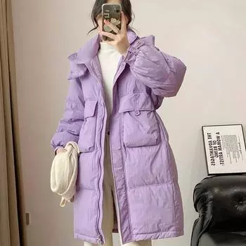 Пуховик женский средний и длинный зимний новый свободный выше колена белый утиный пух утолщенный капюшон куртка S 90-62.5 kg фиолетовый