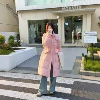 Пуховик женский средний и длинный зимний новый утолщенный теплый с узкой талией тонкий карамельного цвета сестринское пальто S [Recommended weight 95-125] чёрный