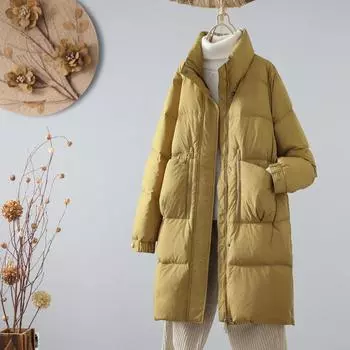 Пуховик женский средний и длинный зимний новый взрыв однотонный воротник-стойка карман на молнии модный утолщенный белый пуховик S (recommended weight 90-62.5 kg) хаки