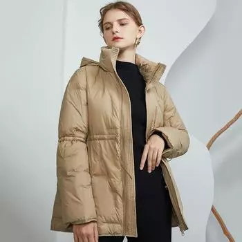 Пуховик женский средний и длинный зимний новый воротник-стойка дизайн чувствительная талия и тонкий белый утиный пух теплая куртка прилив S хаки