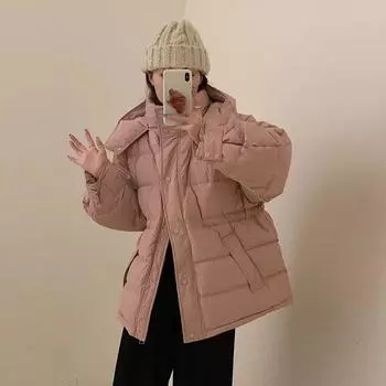 Пуховик женский, средний и длинный, зимняя мода 2024 года, с капюшоном, утолщенный белый утиный пух, тонкое пальто S розовый