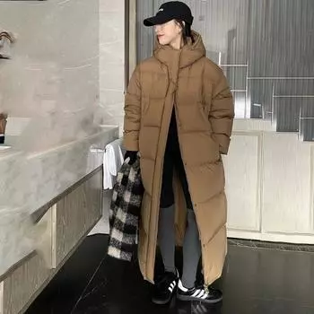 Пуховик женский супер длинный выше колена свободный утолщенный белый утиный пух большой стеганый простой морозостойкий жареный уличный пиджак One size