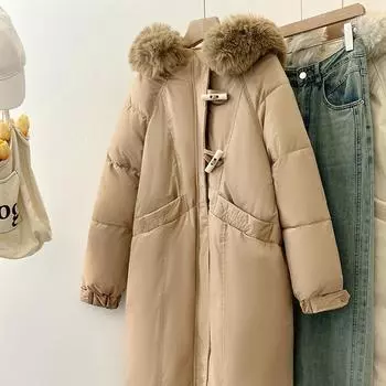 Пуховик женский свободный осенне-зимний с пряжкой-круассаном, средней длины, выше колена, хлопковая куртка, утепленная куртка XS чёрный