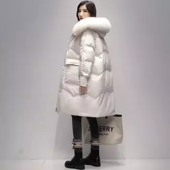 Пуховик женский темперамент теплый свободный модный средний и длинный белый утиный пух женский S size 80-47.5kg