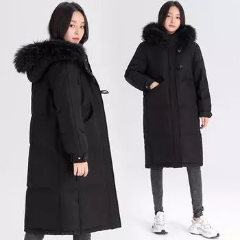Пуховик женский удлиненный выше колена 2024 новый утолщенный большой меховой воротник зимний пирог для преодоления S чёрный