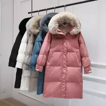 Пуховик женский в длинной секции из белого утиного пуха с поясом S