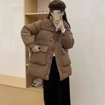 Пуховик женский в иностранном стиле зимний новый средний и длинный белый утиный пух большой карман модный универсальный свободный утолщенный пальто S (recommended weight 90-60 kg) чёрный