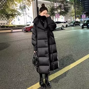 Пуховик женский выше колена средний и длинный гусиный пух ретро 2024 зима новый утолщенный большой лацкан партия S fits 90-62.5 kg чёрный