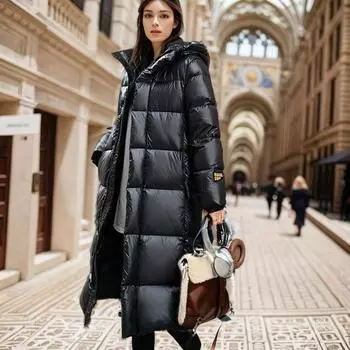 Пуховик женский высокого класса женская зимняя одежда длинный корейский вариант пуховик с капюшоном зимняя куртка на утином пуху S (Recommendations 80-105) чёрный