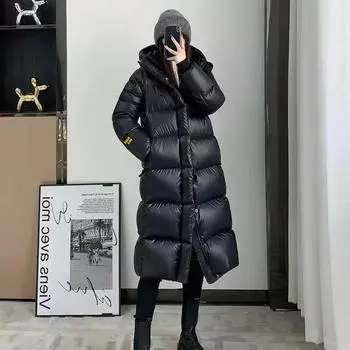 Пуховик женский высокого класса женское зимнее пальто длинное корейская версия с капюшоном куртка на гусином пуху M (recommended within 62.5 kg) чёрный