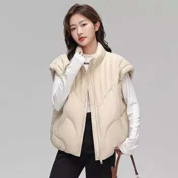 Пуховик женский жилет осень и зима 90-х годов белый утиный пух новый национальный стандарт воротник-стойка простой модный тонкий корейский вариант короткое пальто S (recommended weight 100-67.5 kg) чёрный
