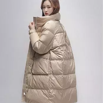 Пуховик женский зима 2024 новый облегающий утолщенный белый утиный пух пальто средней и длинной длины S size 90-60kg хаки