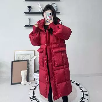 Пуховик женский зима 2024 новый средний и длинный белый утиный пух воротник стойка модная длинная термокуртка женская одежда S красный