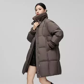 Пуховик женский зимний 2024 новая корейская версия средний и длинный женский 90 пух утиный пух теплое женское пальто высокого класса S (recommended within 55kg) чёрный