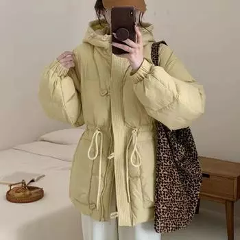 Пуховик женский зимний 2024 новый модный универсальный тонкий белый утиный пух короткая куртка с завязками на талии S90-60kg