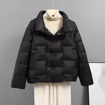 Пуховик женский зимний 2024 новый однотонный легкий короткий воротник-стойка утолщенный белый утиный пух свободное повседневное пальто S хаки