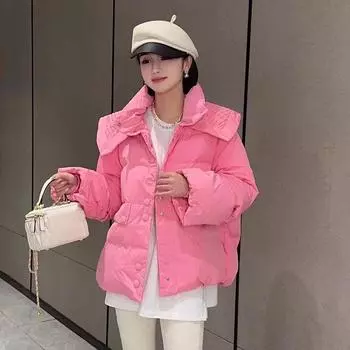 Пуховик женский зимний корейский вариант белый утиный пух короткий милый свободный кукольный воротник маленький модный утолщенный пальто S розовый