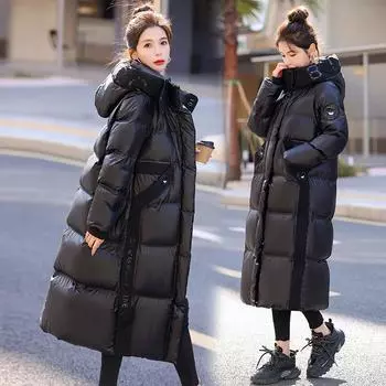 Пуховик женский зимний новый черный длинный белый утиный пух толстый термо с капюшоном модный повседневный высококачественный пальто S чёрный