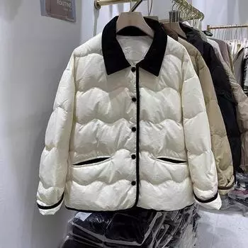 Пуховик женский зимний новый корейский вариант милый короткий контрастный цвет лацкан белый утиный пух маленькое пальто прилив S белый