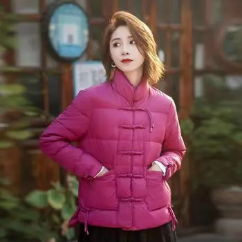 Пуховик женский зимний новый литературный и ретро пряжка воротник стойка белый утиный пух тонкий пиджак M