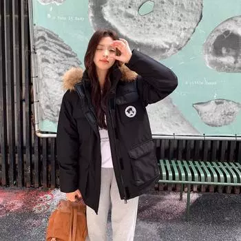 Пуховик женский зимний новый пирог преодолевает шерсть енота большой меховой воротник белый утиный пух средний и длинный утолщенный свободный пальто прилив S [Recommended 40kg-60kg] чёрный