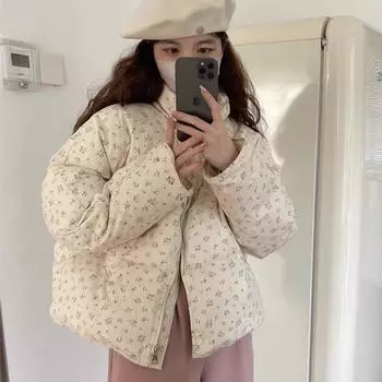 Пуховик женский зимний новый с мелким цветочным принтом короткий хлопковый пуховик свежий и милый воротник-стойка хлебный пуховик S
