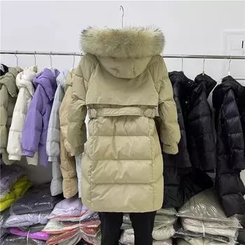 Пуховик женский зимний средний и длинный 2024 новый воротник из натурального меха модный утолщенный пояс теплое свободное пальто S