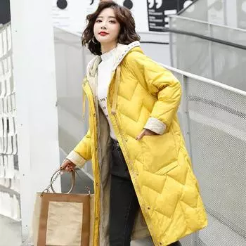 Пуховик женский зимний средний и длинный белый утиный пух выше колена модное тонкое пальто S size 90-60kg жёлтый