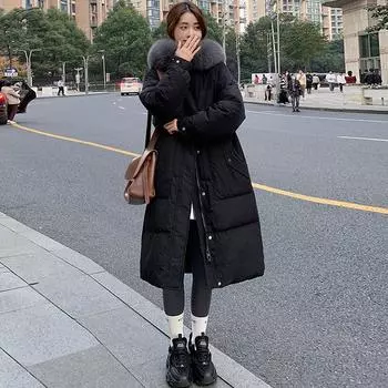 Пуховик женский зимний средний и длинный выше колена универсальный и тонкий модный нишевый утолщенный белый утиный пуховик S size 90-60kg чёрный