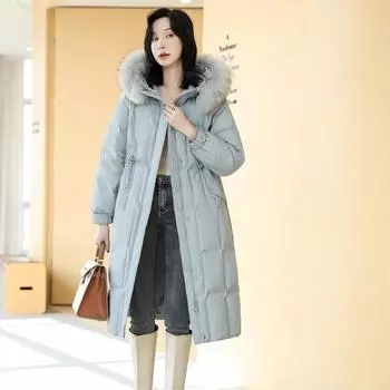 Пуховик женский зимняя одежда средняя и длинная толстая 2024 новая корейская версия 90 утиный пух с капюшоном модное пальто пальто S (recommended within 55kg) чёрный