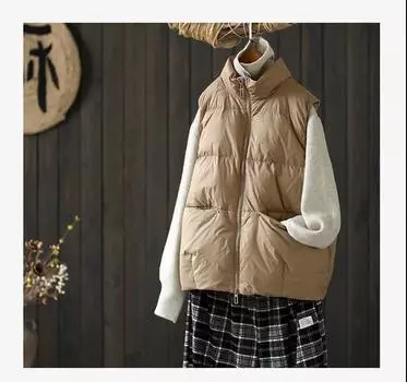 Пуховик, жилет, женская куртка весна-осень 2024 года, новая корейская версия белого утиного пуха, свободный жилет, воротник-стойка, куртка-хлеб one size fits all белый