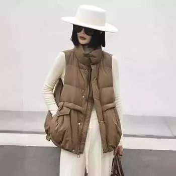 Пуховик жилет женская верхняя одежда 2024 осень и зима короткий легкий повседневный и тонкий воротник стойка теплый жилет S
