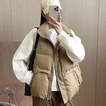 Пуховик жилет женский 2024 осень и зима женская одежда легкий роскошный женский воротник-стойка модный белый утиный пуховый терможилет куртка S чёрный