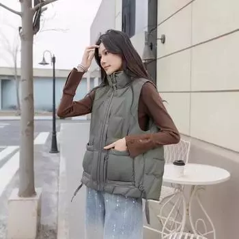 Пуховик жилет женский короткий зимний 2024 новый тонкий темперамент теплый маленький белый утиный пуховый жилет куртка S чёрный