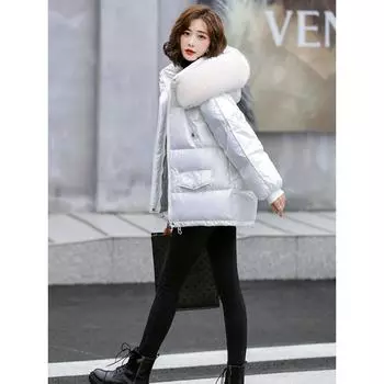 Пуховик зима 2024 новый женский повседневный антисезонный несмываемый утолщенный глянцевый большой меховой воротник короткая куртка прозрачный YN S 80-52.5 kg шампанского