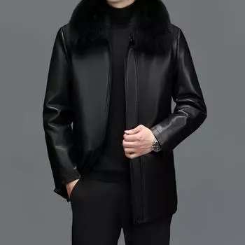 Пуховик зимний большого размера мужской средней длины утолщенный овчинный кожаный пуховик кожаная куртка кожаная куртка для людей среднего и пожилого возраста M