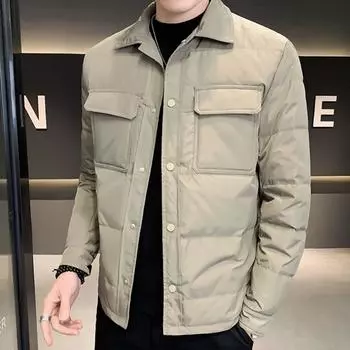 Пуховик Зимний Новый Модный Универсальный Мужской Пальто Теплый Молодежь и Средний Возраст Моды Лацкан Мужская Одежда L хаки