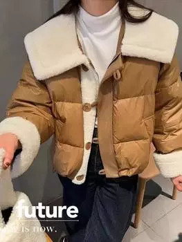 Пуховик зимний новый овечья шерсть сращивание кукольный воротник женский короткий маленький белый утиный пух интернет знаменитость пальто one size fits all