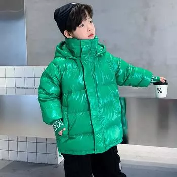 Пуховик, зимняя одежда для мальчиков, блестящая кожа, непромокаемый, белый утиный пух, не подлежит стирке 110cm зелёный