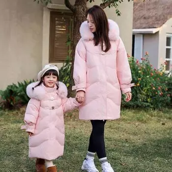 Пуховики для девочек зимой, средней длины и утепленные, пальто для родителей и детей 120cm белый