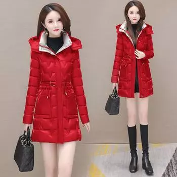 Пуховое хлопковое пальто женское корейское зимнее толстое теплое длинное толстое красочное пальто с капюшоном на шнуровке XL чёрный