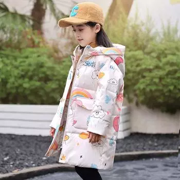 Пуховое пальто для девочек Белое пальто на утином пуху средней длины 100cm